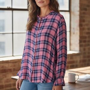 Women's Pink and Blue Plaid Button-Down Shirt